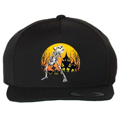 Funny Skeleton Playing Guitar Pumpkin Happy Halloween Vibes Wool Snapback Cap