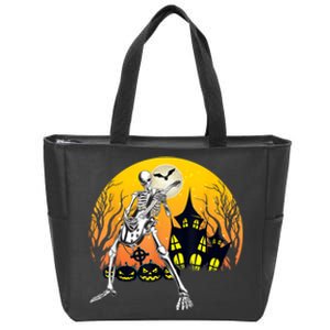 Funny Skeleton Playing Guitar Pumpkin Happy Halloween Vibes Zip Tote Bag