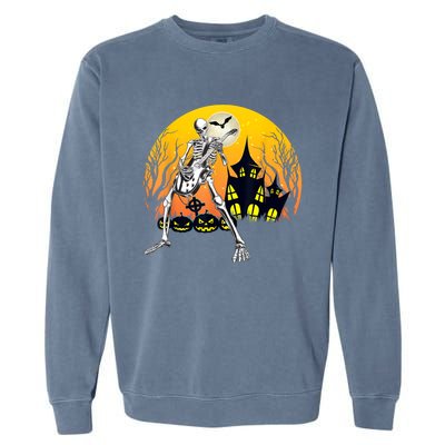 Funny Skeleton Playing Guitar Pumpkin Happy Halloween Vibes Garment-Dyed Sweatshirt