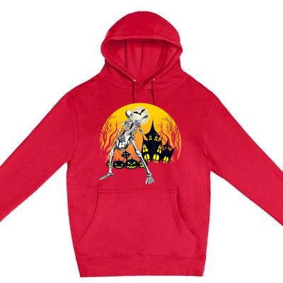 Funny Skeleton Playing Guitar Pumpkin Happy Halloween Vibes Premium Pullover Hoodie