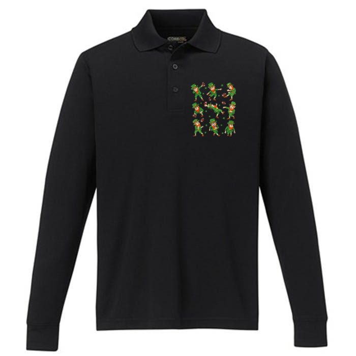 funny St Patricks Day Leprechaun Football Player Clover Performance Long Sleeve Polo