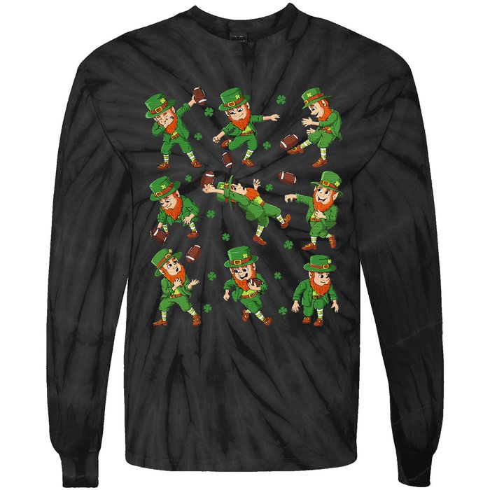 funny St Patricks Day Leprechaun Football Player Clover Tie-Dye Long Sleeve Shirt