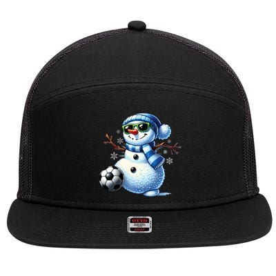 Funny Snowman Playing Soccer Lovers Teen Christmas 7 Panel Mesh Trucker Snapback Hat