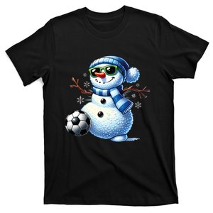 Funny Snowman Playing Soccer Lovers Teen Christmas T-Shirt