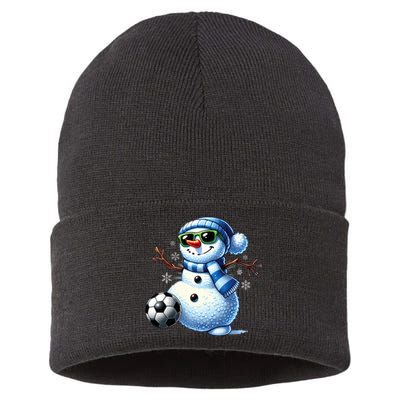 Funny Snowman Playing Soccer Lovers Teen Christmas Sustainable Knit Beanie