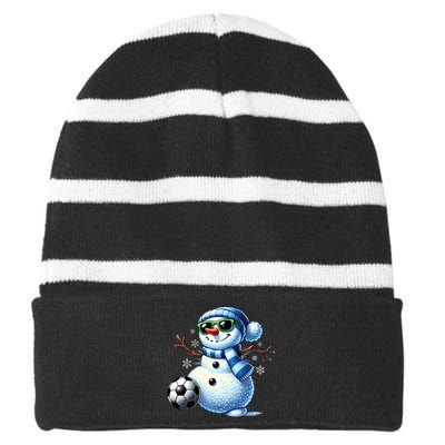 Funny Snowman Playing Soccer Lovers Teen Christmas Striped Beanie with Solid Band