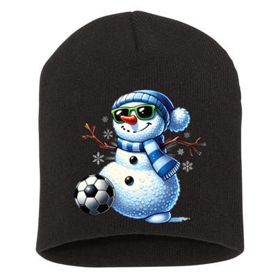 Funny Snowman Playing Soccer Lovers Teen Christmas Short Acrylic Beanie