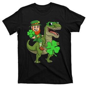 Funny St Patricks Day Leprechaun Riding T Rex Dino T-Shirt