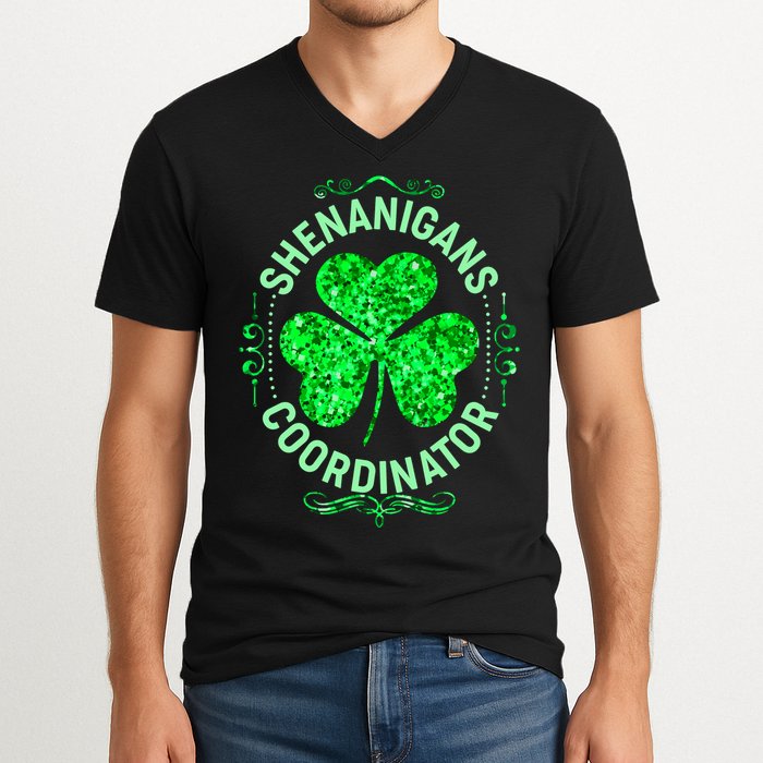 Funny St Patrick's Day Shenanigans Coordinator Lucky Shamrock Clover V-Neck T-Shirt