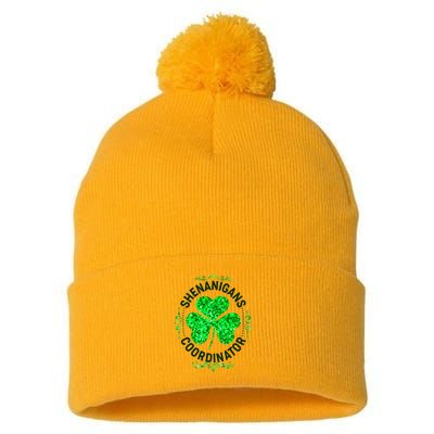 Funny St Patrick's Day Shenanigans Coordinator Lucky Shamrock Clover Pom Pom 12in Knit Beanie