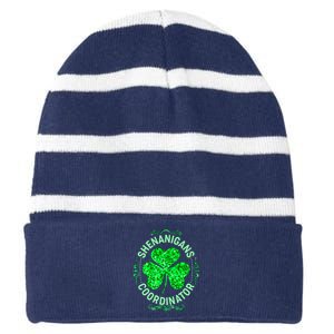 Funny St Patrick's Day Shenanigans Coordinator Lucky Shamrock Clover Striped Beanie with Solid Band