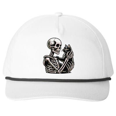 Funny Skeleton Playing With A Cat Graphic Skull Cat Snapback Five-Panel Rope Hat