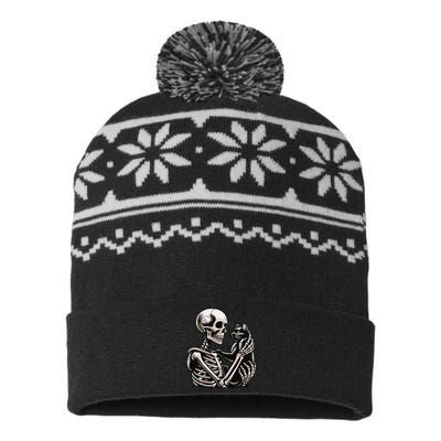 Funny Skeleton Playing With A Cat Graphic Skull Cat USA-Made Snowflake Beanie