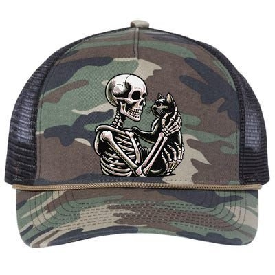 Funny Skeleton Playing With A Cat Graphic Skull Cat Retro Rope Trucker Hat Cap