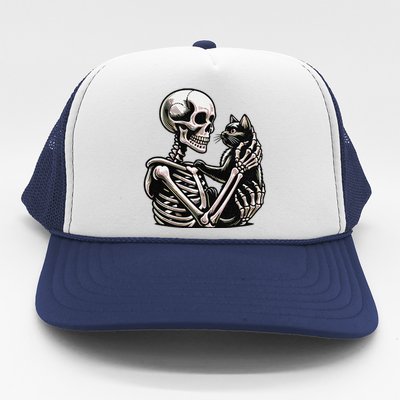 Funny Skeleton Playing With A Cat Graphic Skull Cat Trucker Hat