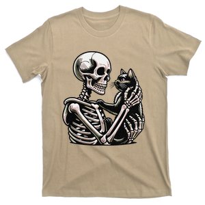 Funny Skeleton Playing With A Cat Graphic Skull Cat T-Shirt