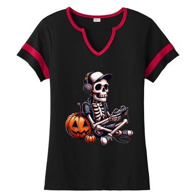 Funny Skeleton Playing Video Game Halloween Gamer Gift Ladies Halftime Notch Neck Tee