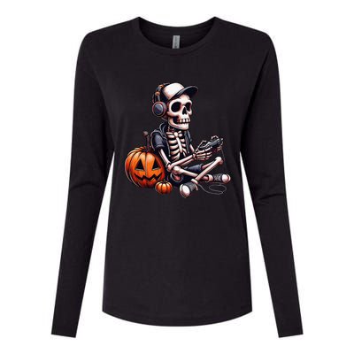 Funny Skeleton Playing Video Game Halloween Gamer Gift Womens Cotton Relaxed Long Sleeve T-Shirt