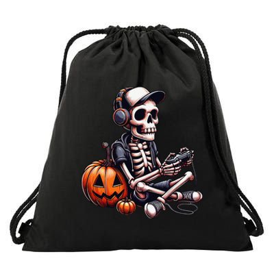 Funny Skeleton Playing Video Game Halloween Gamer Gift Drawstring Bag