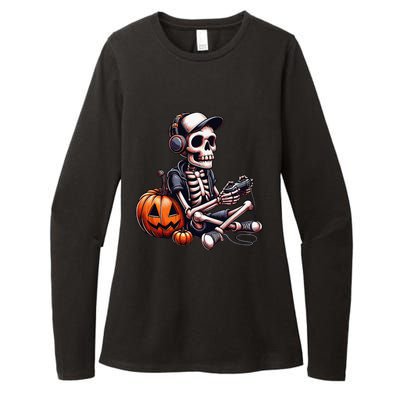 Funny Skeleton Playing Video Game Halloween Gamer Gift Womens CVC Long Sleeve Shirt