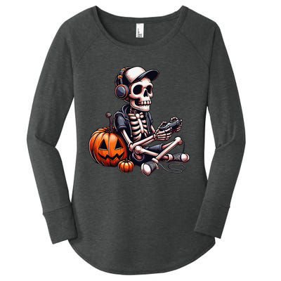 Funny Skeleton Playing Video Game Halloween Gamer Gift Women's Perfect Tri Tunic Long Sleeve Shirt