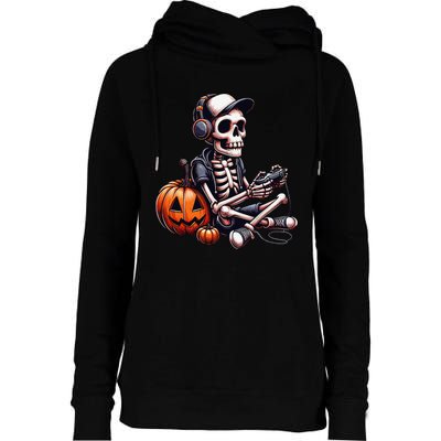 Funny Skeleton Playing Video Game Halloween Gamer Gift Womens Funnel Neck Pullover Hood