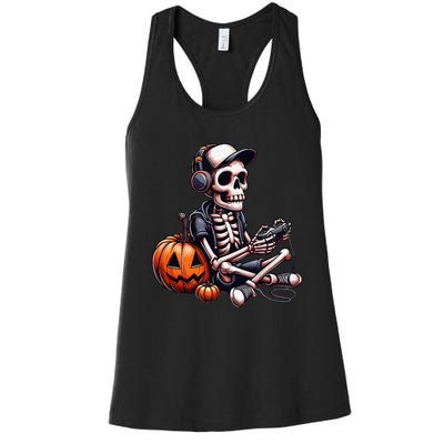 Funny Skeleton Playing Video Game Halloween Gamer Gift Women's Racerback Tank