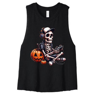 Funny Skeleton Playing Video Game Halloween Gamer Gift Women's Racerback Cropped Tank