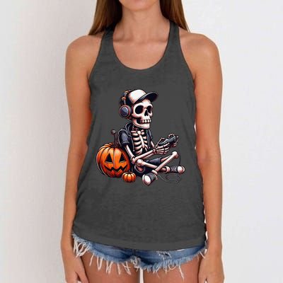 Funny Skeleton Playing Video Game Halloween Gamer Gift Women's Knotted Racerback Tank