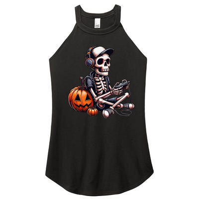 Funny Skeleton Playing Video Game Halloween Gamer Gift Women's Perfect Tri Rocker Tank