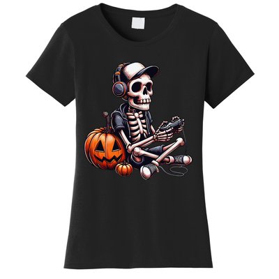 Funny Skeleton Playing Video Game Halloween Gamer Gift Women's T-Shirt