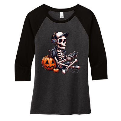 Funny Skeleton Playing Video Game Halloween Gamer Gift Women's Tri-Blend 3/4-Sleeve Raglan Shirt