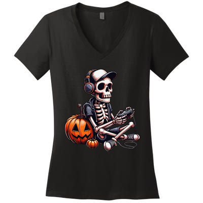 Funny Skeleton Playing Video Game Halloween Gamer Gift Women's V-Neck T-Shirt