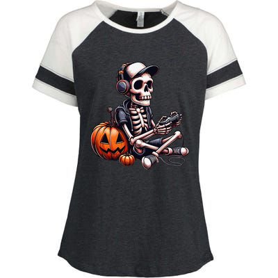 Funny Skeleton Playing Video Game Halloween Gamer Gift Enza Ladies Jersey Colorblock Tee