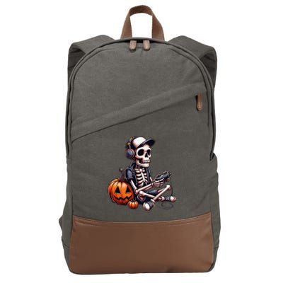 Funny Skeleton Playing Video Game Halloween Gamer Gift Cotton Canvas Backpack