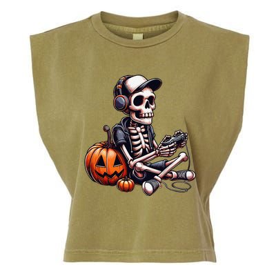 Funny Skeleton Playing Video Game Halloween Gamer Gift Garment-Dyed Women's Muscle Tee