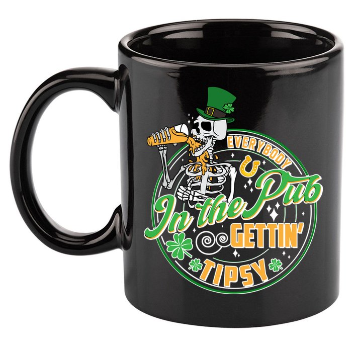 Funny St Patricks Day Everybody In The Pub Gettin Tipsy Skeleton Beer 11oz C Handle Ceramic Mug