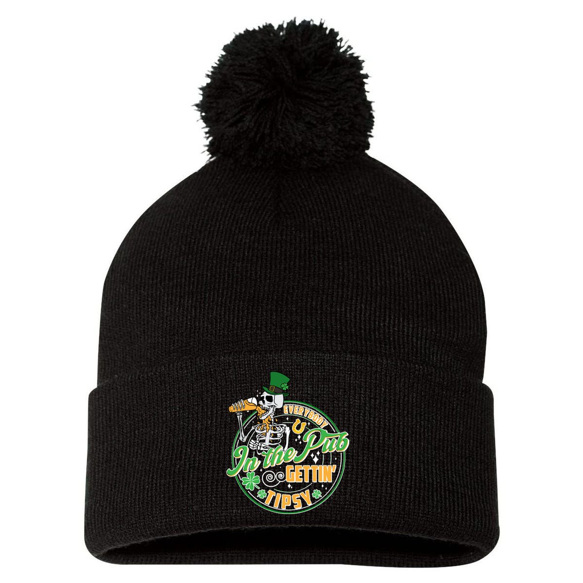 Funny St Patricks Day Everybody In The Pub Gettin Tipsy Skeleton Beer Pom Pom 12in Knit Beanie
