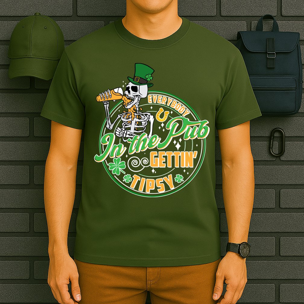 Funny St Patricks Day Everybody In The Pub Gettin Tipsy Skeleton Beer T-Shirt