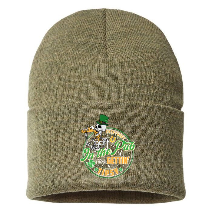 Funny St Patricks Day Everybody In The Pub Gettin Tipsy Skeleton Beer Sustainable Knit Beanie