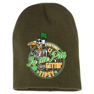 Funny St Patricks Day Everybody In The Pub Gettin Tipsy Skeleton Beer Short Acrylic Beanie