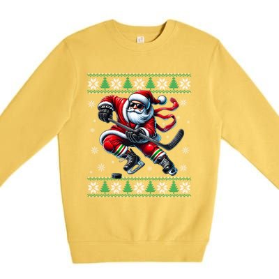 Funny Santa Playing Ice Hockey Ugly Christmas Snowflakes Funny Gift Premium Crewneck Sweatshirt