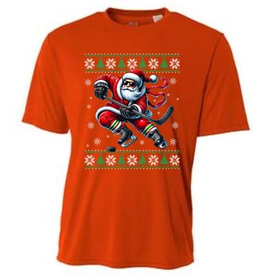 Funny Santa Playing Ice Hockey Ugly Christmas Snowflakes Funny Gift Cooling Performance Crew T-Shirt