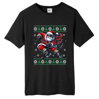 Funny Santa Playing Ice Hockey Ugly Christmas Snowflakes Funny Gift Tall Fusion ChromaSoft Performance T-Shirt