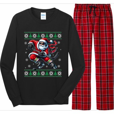 Funny Santa Playing Ice Hockey Ugly Christmas Snowflakes Funny Gift Long Sleeve Pajama Set