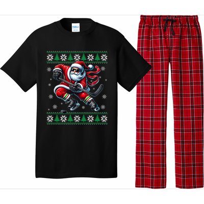 Funny Santa Playing Ice Hockey Ugly Christmas Snowflakes Funny Gift Pajama Set