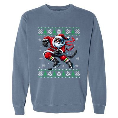 Funny Santa Playing Ice Hockey Ugly Christmas Snowflakes Funny Gift Garment-Dyed Sweatshirt