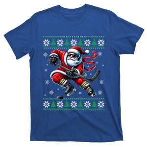 Funny Santa Playing Ice Hockey Ugly Christmas Snowflakes Funny Gift T-Shirt