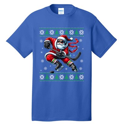 Funny Santa Playing Ice Hockey Ugly Christmas Snowflakes Funny Gift Tall T-Shirt