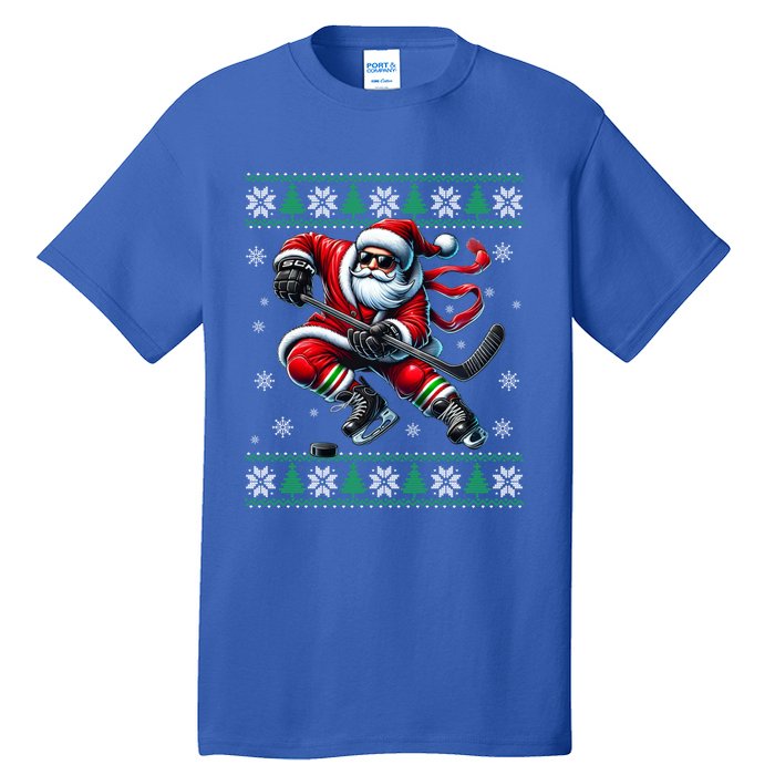 Funny Santa Playing Ice Hockey Ugly Christmas Snowflakes Funny Gift Tall T-Shirt